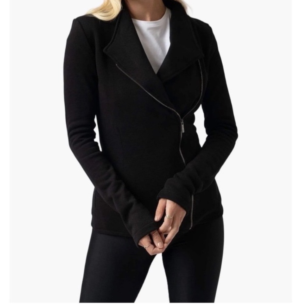 Saint + Sofia Minimalist Moto Jacket Women Size 6 Black Organic Cotton Zip Up